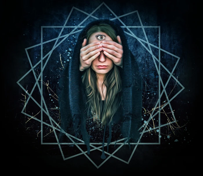 photo displays woman with eye on forehead illustration third 2k