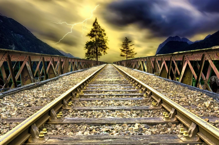 photography of gray train rails sunset dusk sky clouds lightning 2k 4k 5k