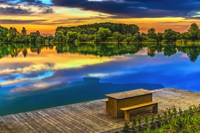 rectangular brown wooden desk near water sunset lake abendstimmung 2k 4k 5k