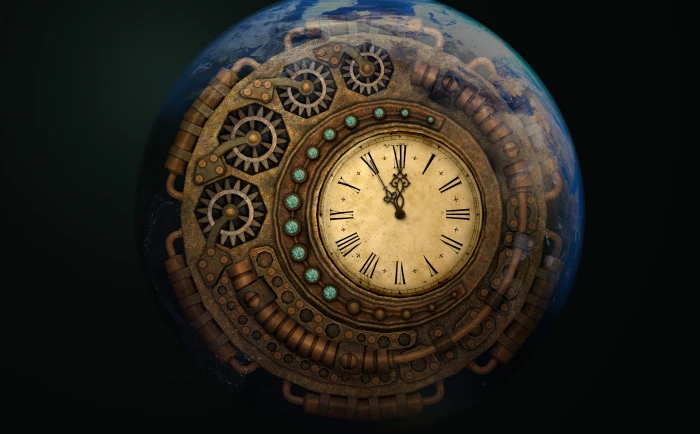 round brown clock showing 11 55 time moondial machine 2k 4k 5k