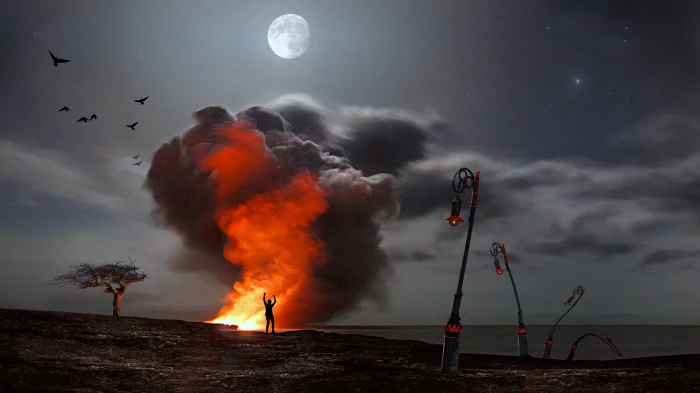 silhouette of person standing near flame under full moon digital wallpaper 55 2k