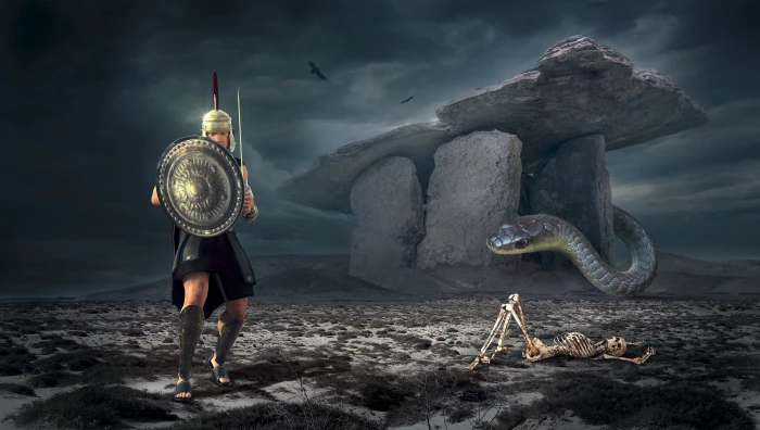 spartan and anaconda digital wallpaper fantasy warrior mystical 2k 4k 5k