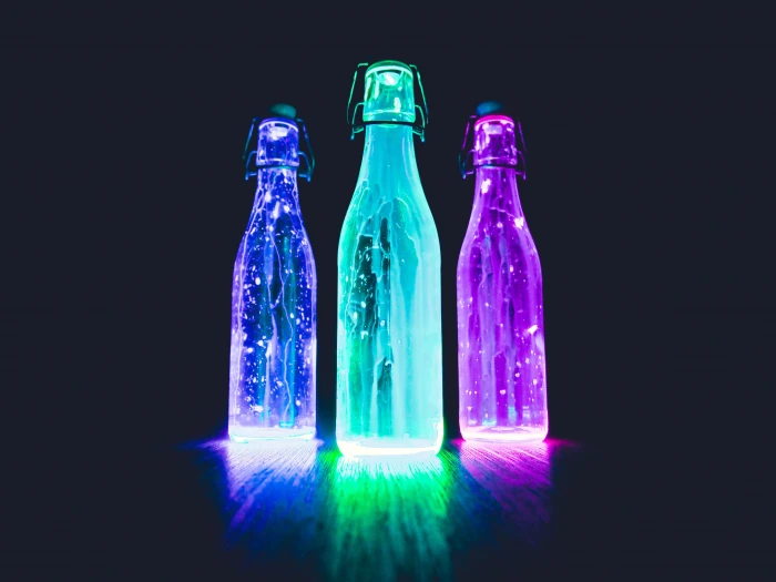 three fairy light bottle lamps neon art color colorful mystical 2k 4k 5k