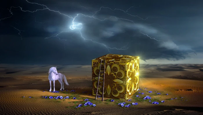 white horse and yellow box illustration fantasy desert cube 2k 4k 5k