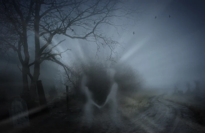 woman and man ghosts on pathway spooky death cemetery graves 2k
