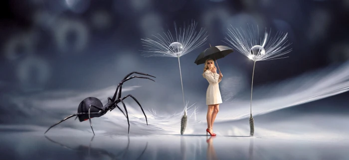 woman holding umbrella near spider and dandelion wallpaper fantasy 2k 4k 5k