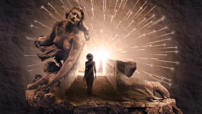 woman in a cave poster fantasy light explosion monument statue 2k 4k 5k