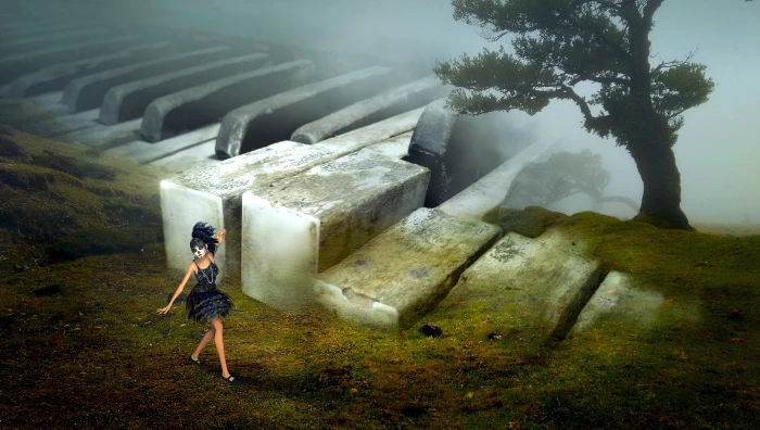 woman in black dress on green mountain fantasy landscape piano 2k 4k 5k