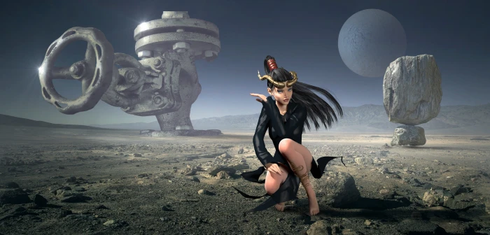 woman in black suit illustration fantasy planet landscape 2k 4k 5k