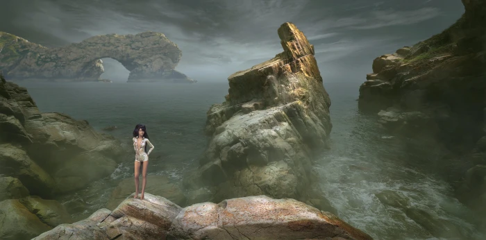woman on rock formation game application fantasy landscape 2k 4k 5k