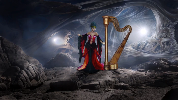 woman playing harp instrument animation fantasy cave mystical 2k 4k 5k
