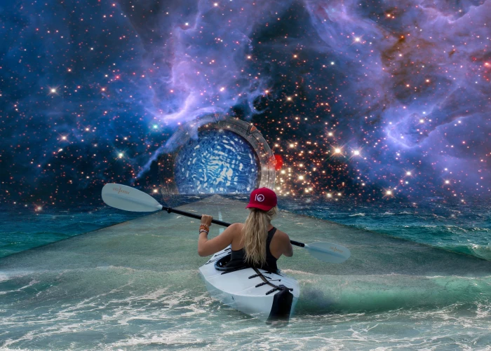 woman riding on kayak stargate himmelstor science fiction 2k 4k