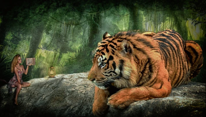 woman sitting beside tiger painting forest fairytale mood 2k 4k