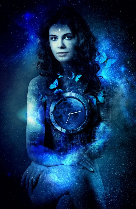 woman surrounded with butterflies clock in the chest digital wallpaper 2k