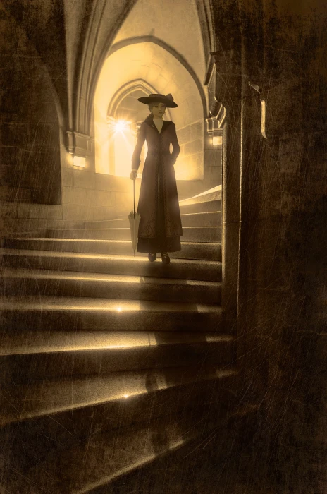 woman walking down stairs painting book cover back light shadow 2k