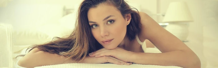 brunettes women eyes dual screen long hair smiling lying down faces widescreen People Long HD Art dualmonitor dualscreen 2k