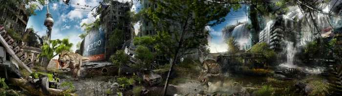 the city building devastation dinosaurs postapokalipsis widescreen dualmonitor dualscreen 2k 4k