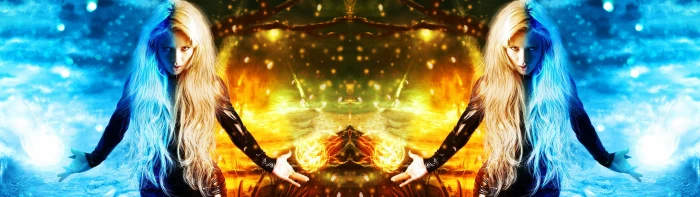 women dual monitors multiple display water fire front view widescreen dualmonitor dualscreen 2k 4k