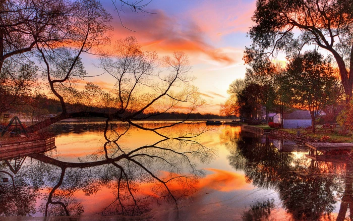 Sunset Lake Tree Beach Red Clouds Eclipse Night Reflection Landscape Wallpapers 2k 4k