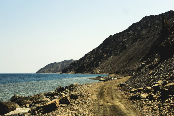 egypt dahab beach mount road view desert sea sky water 2k 4k 5k