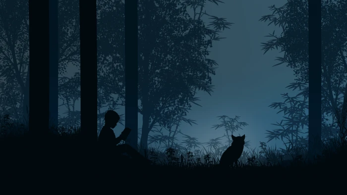Innocent child with a book and cat among the trees 2k 4k
