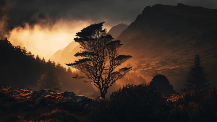 Tree silhouette nature sky evening scenery 2k