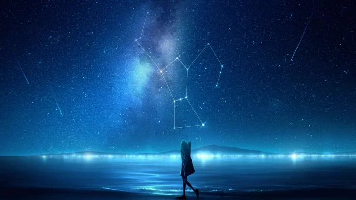 Girl on the shore under starry sky 2k