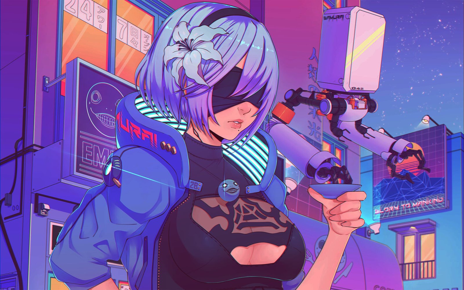Nier Automata retrowave illustration cyber city cyberpunk