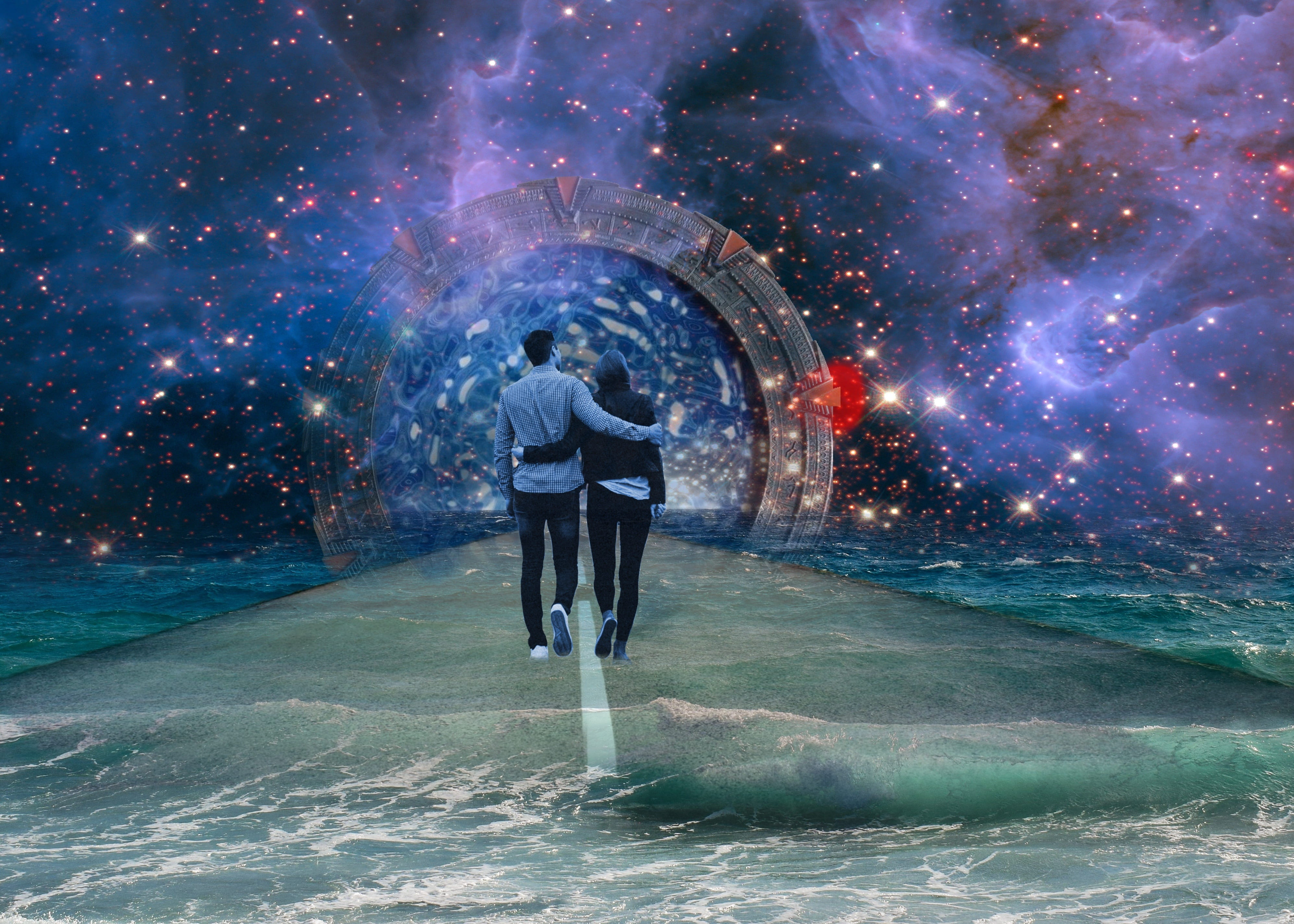 couple walking towards road stargate himmelstor science fiction 2k