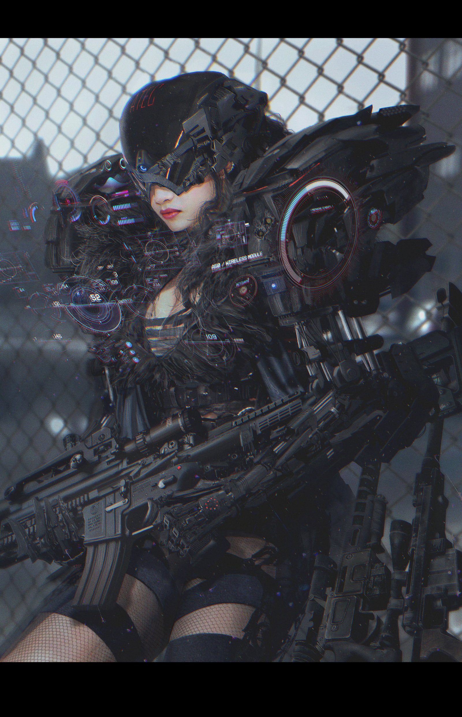 girl wearing black costume science fiction cyberpunk fantasy art