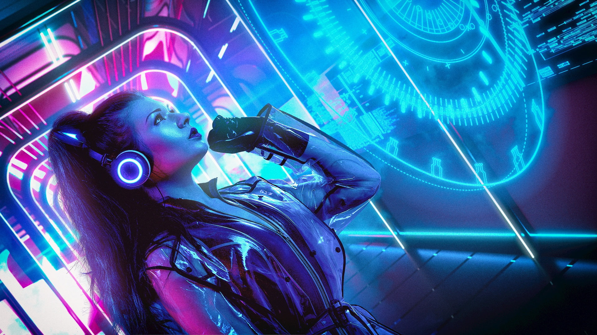 Girl Music Neon Background Cyber Cyberpunk Synth Retrowave