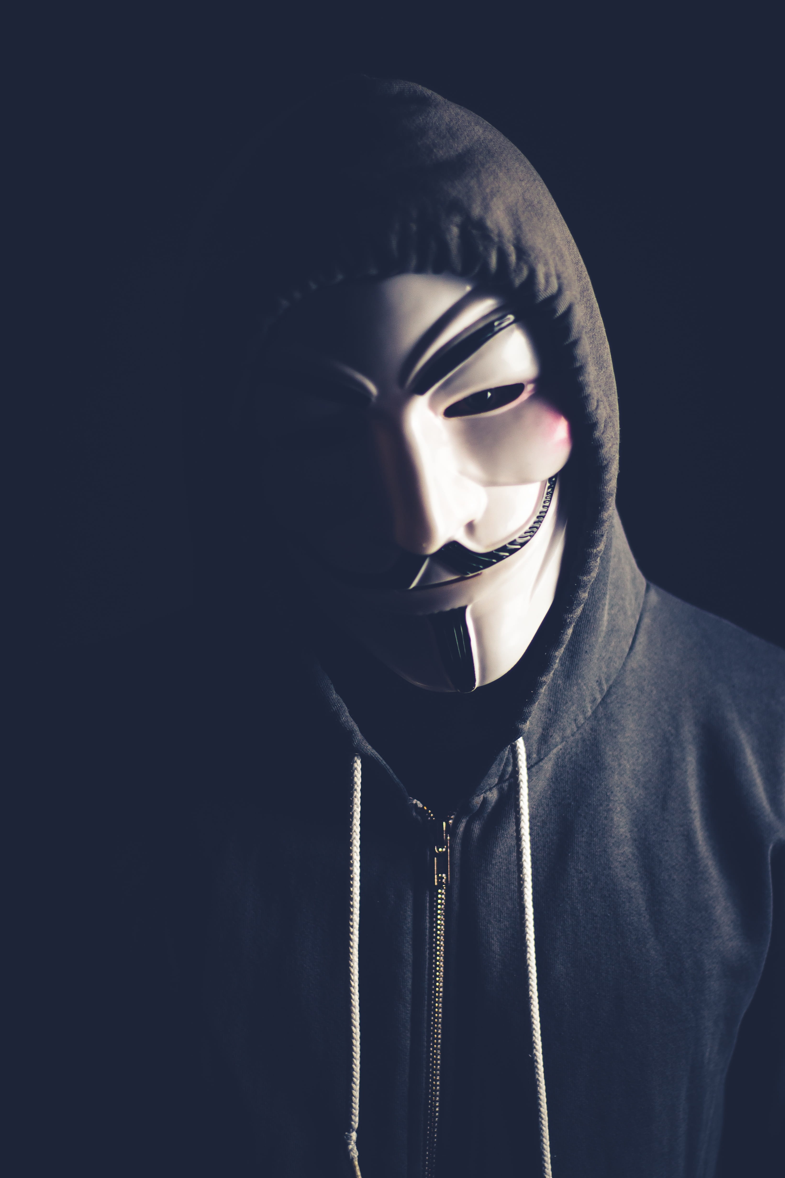 person in Guy Fawkes mask and grey zip up drawstring hoodie anonymous 2k
