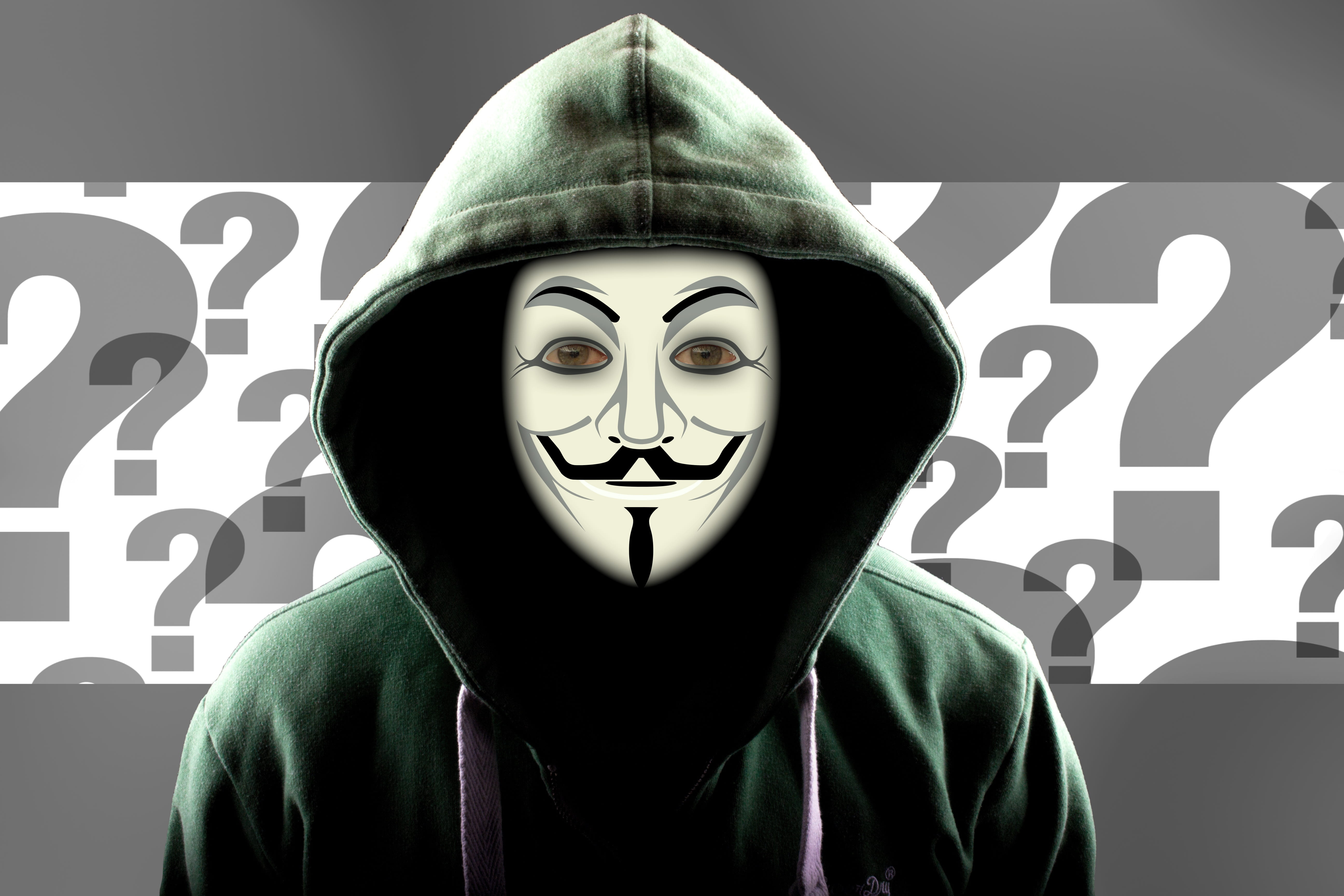 person wearing guy fawkes mask illustration question mark hacker 2k 4k 5k