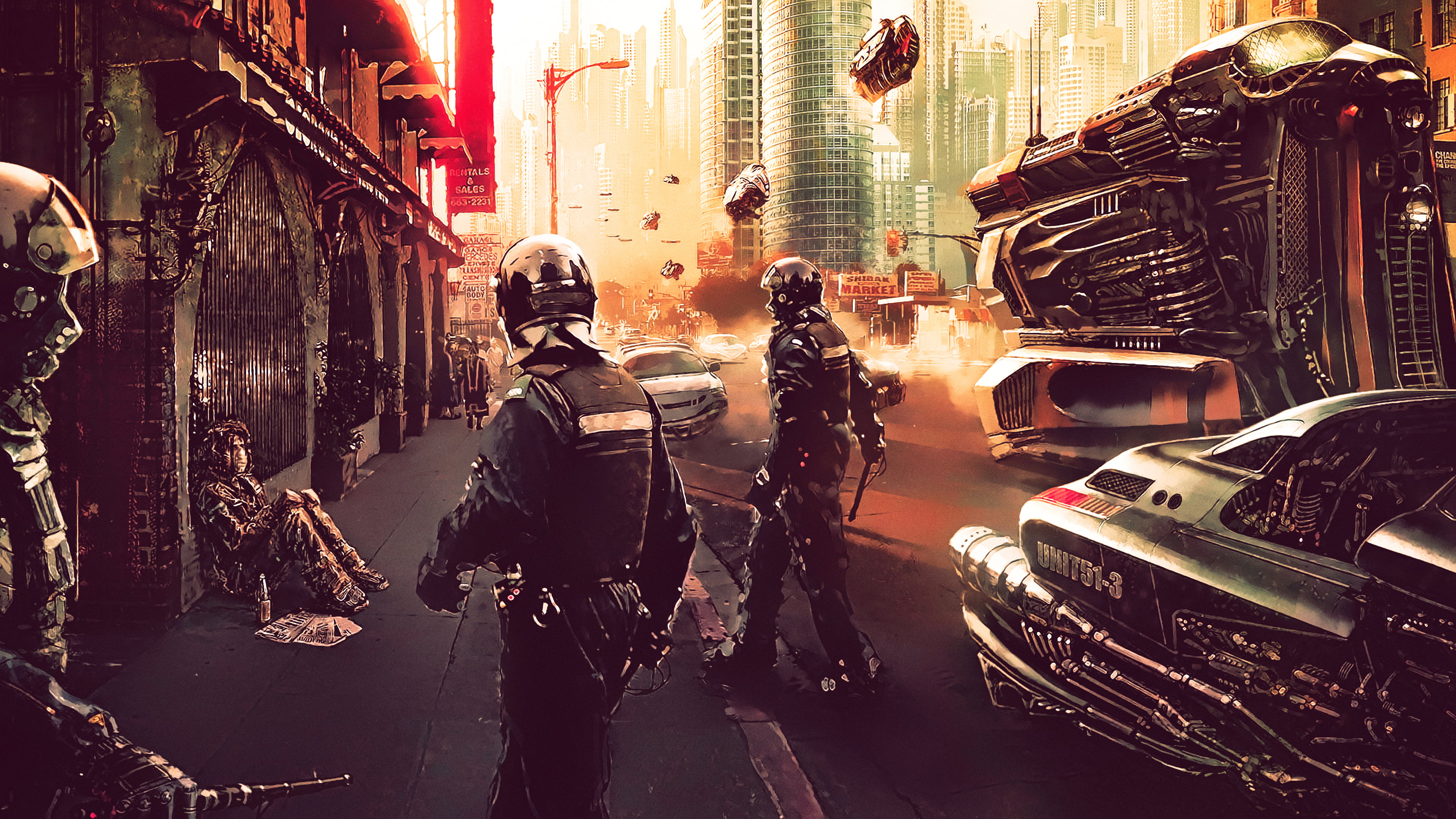 soldiers walking in street painting artwork fan art futuristic city 2k