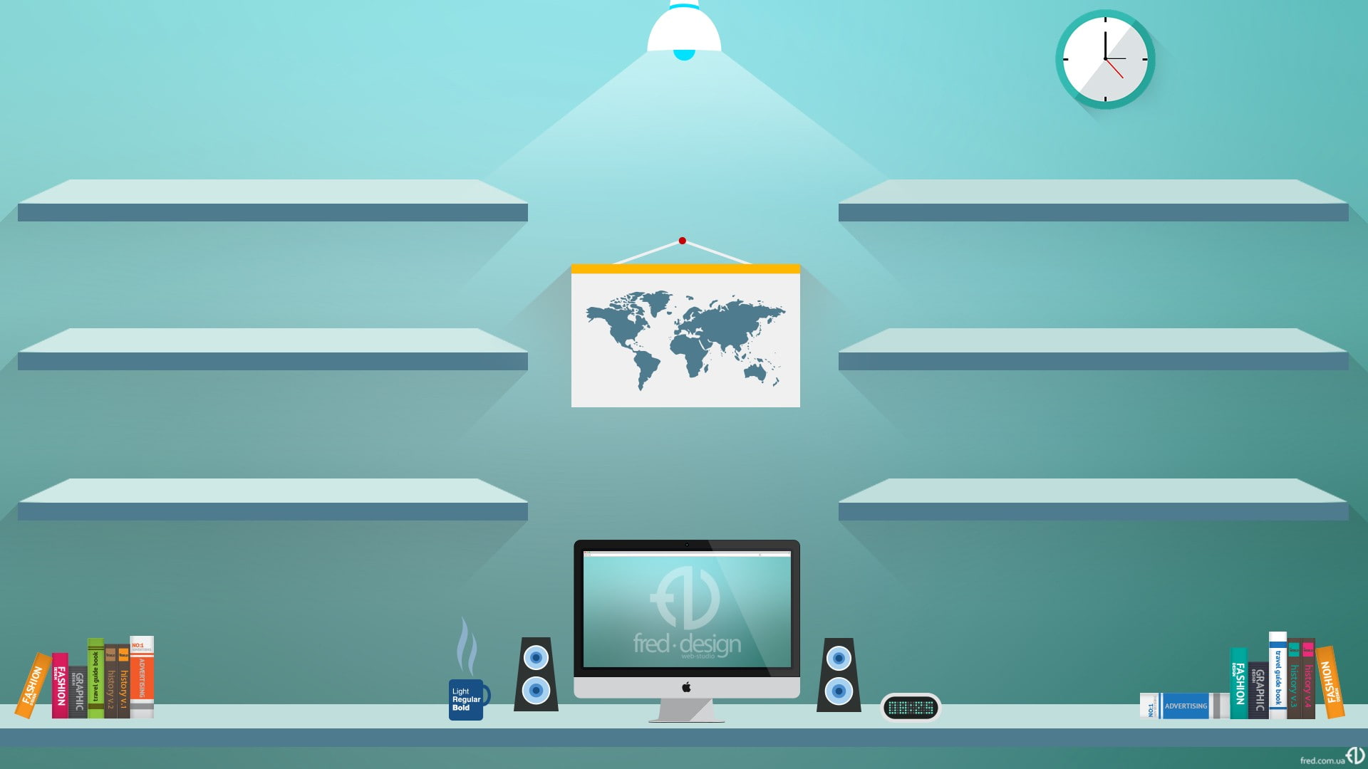 digital art world map clocks computer shelves lamps speakers cup books