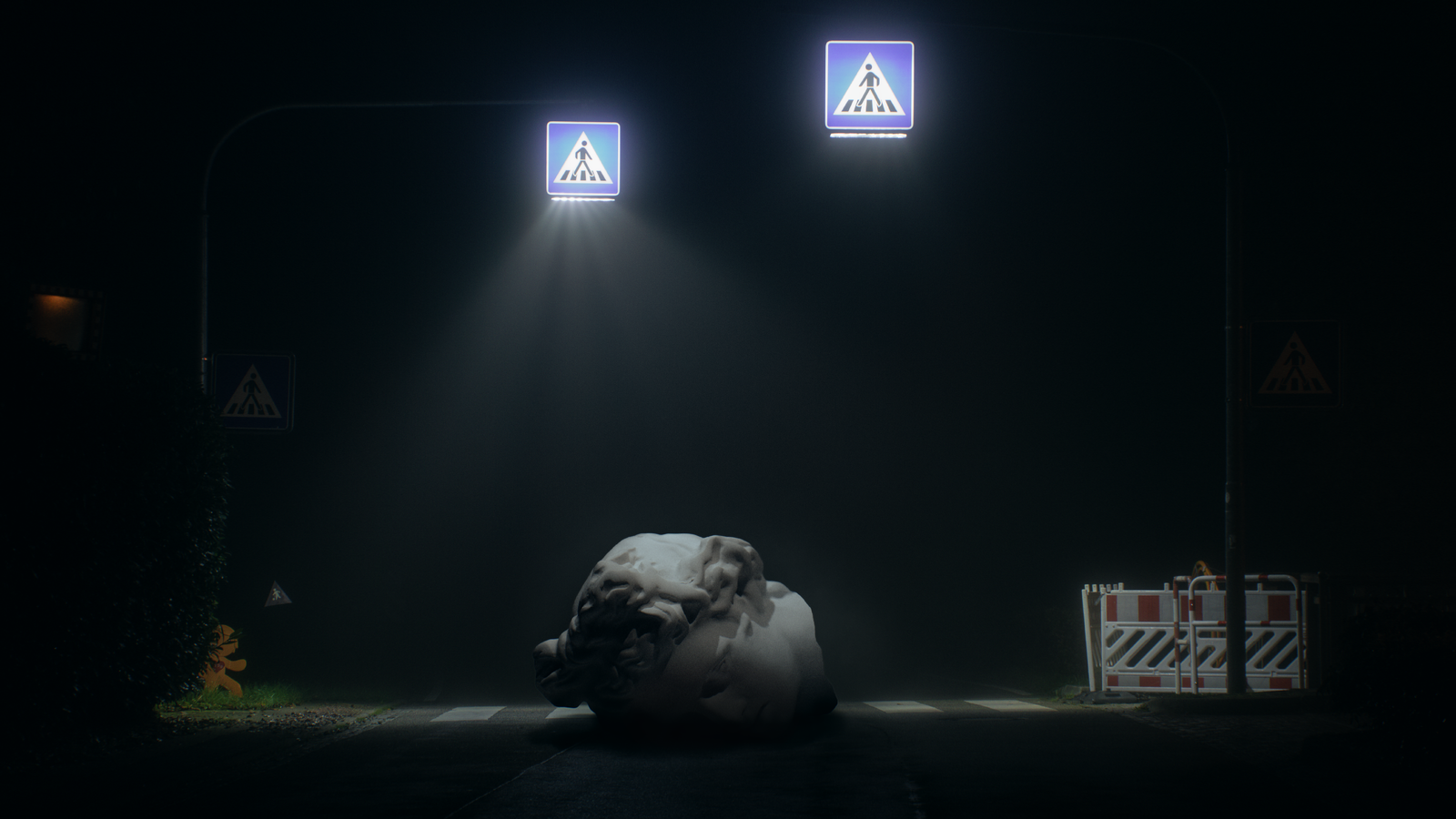 A crosswalk with a bust head lying on it 2k