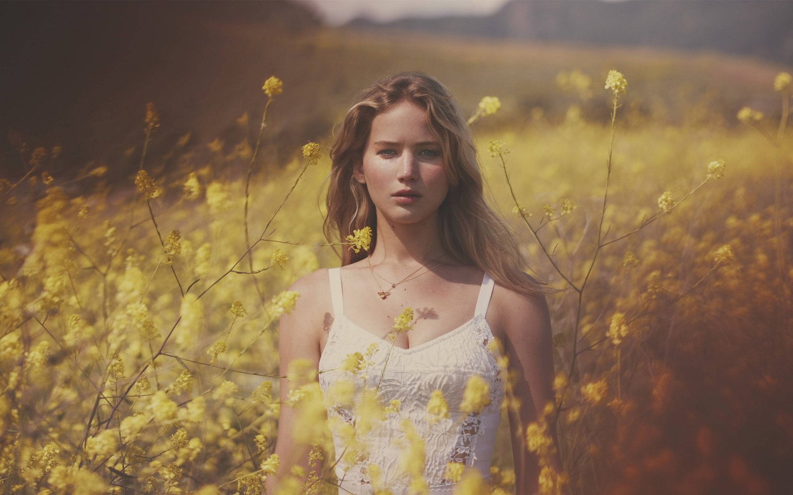 jennifer lawrence field of yellow flowers actress hollywood 2k