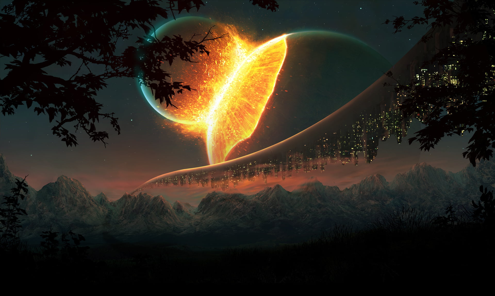 black tree two planets photo science fiction landscape space