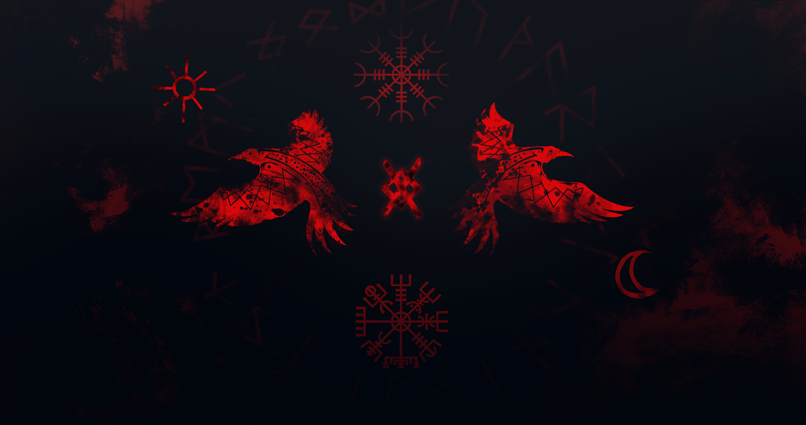Huginn Muninn Vikings runes gnaugnir raven red Odin 2k 4k