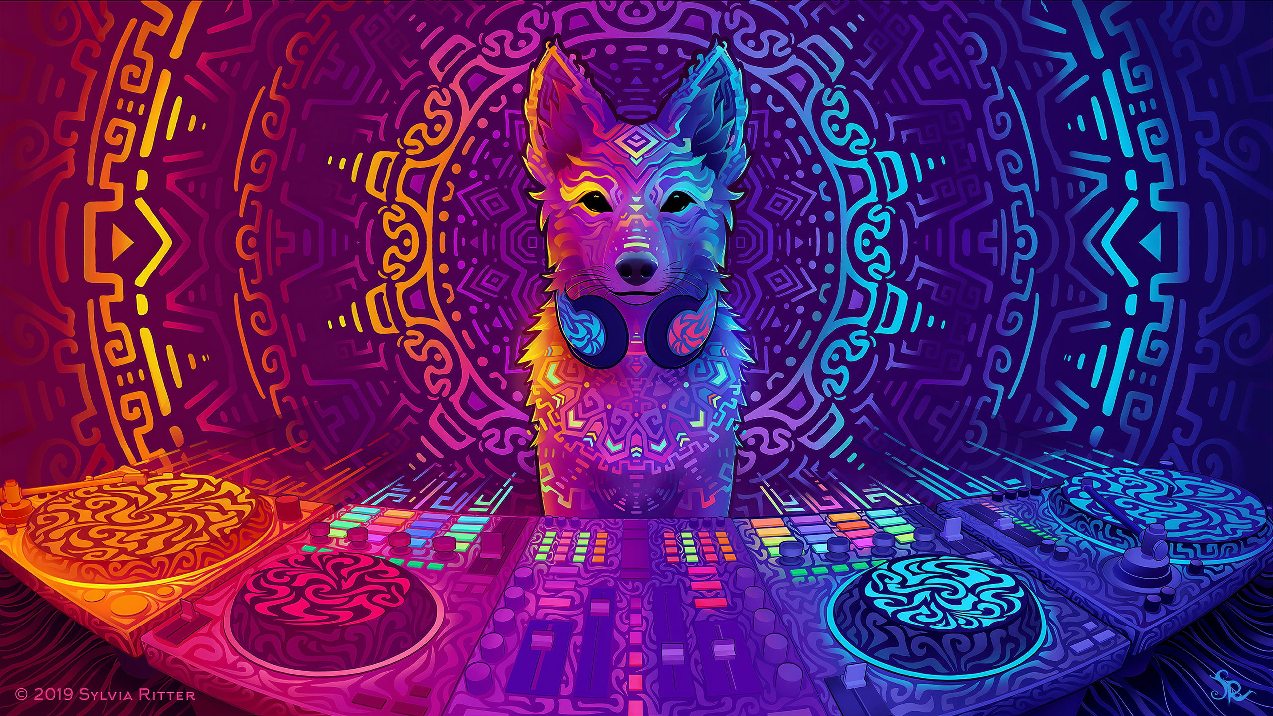 psychedelic abstract colorful wolf headphones music player 71 2k