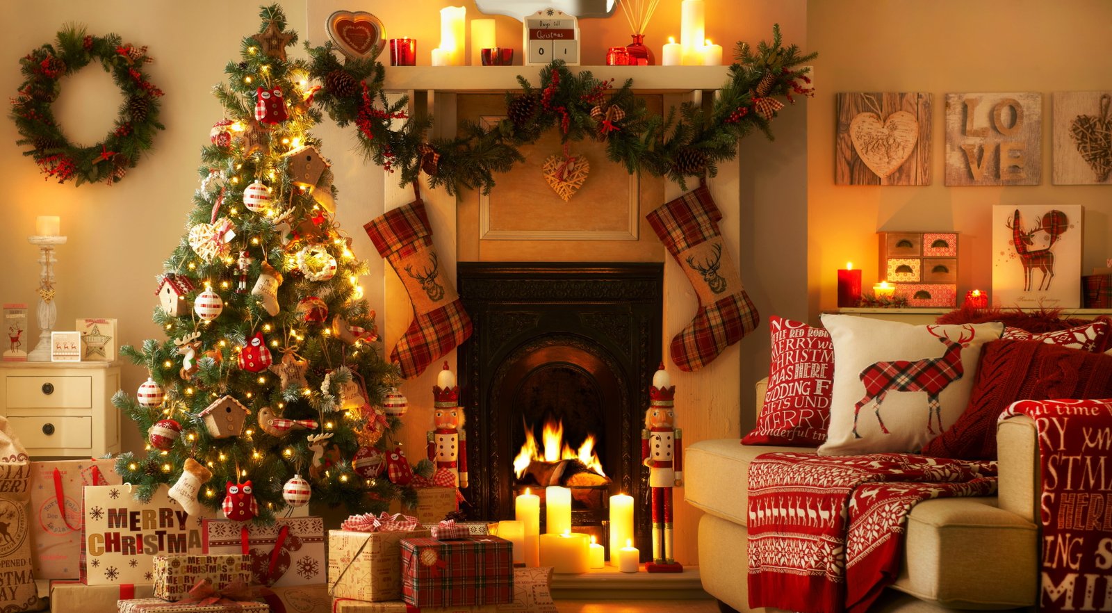Christmas tree and fireplace heater love lights heart interior 2k 4k 5k