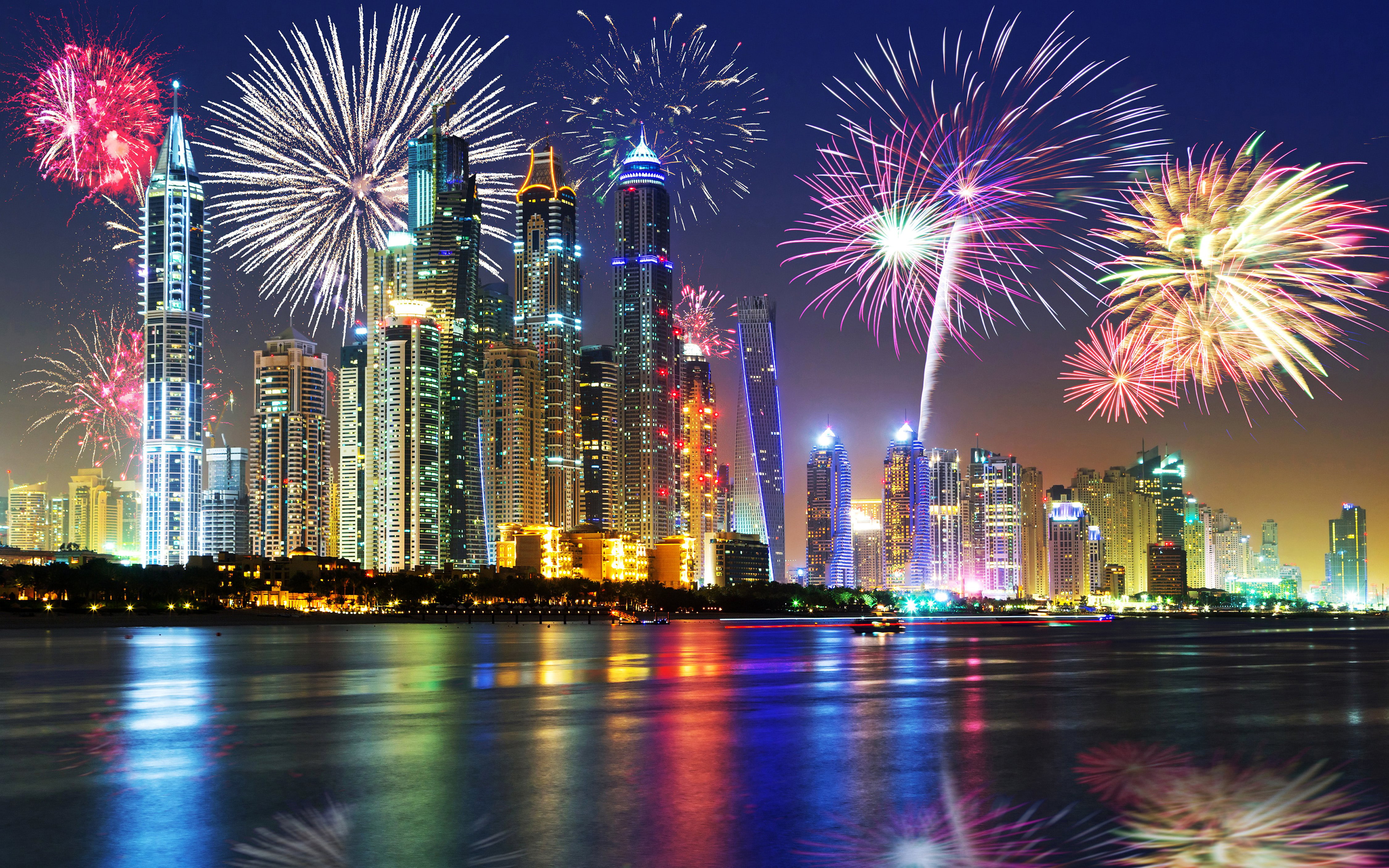 Dubai City At Night Christmas Holidays Fireworks In The Sky Skyscrapers United Arab Emirates Desktop Wallpaper Hd For Your Computer 2k 4k