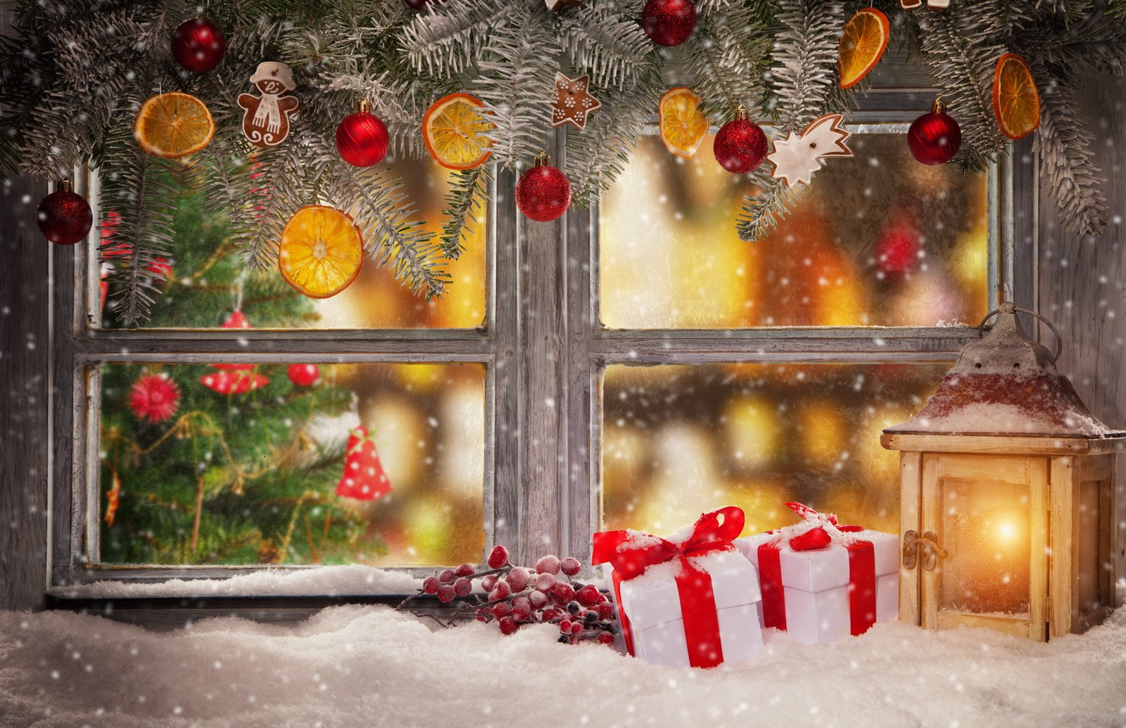 brown lantern lamp winter snow decoration New Year window 2k 4k 5k