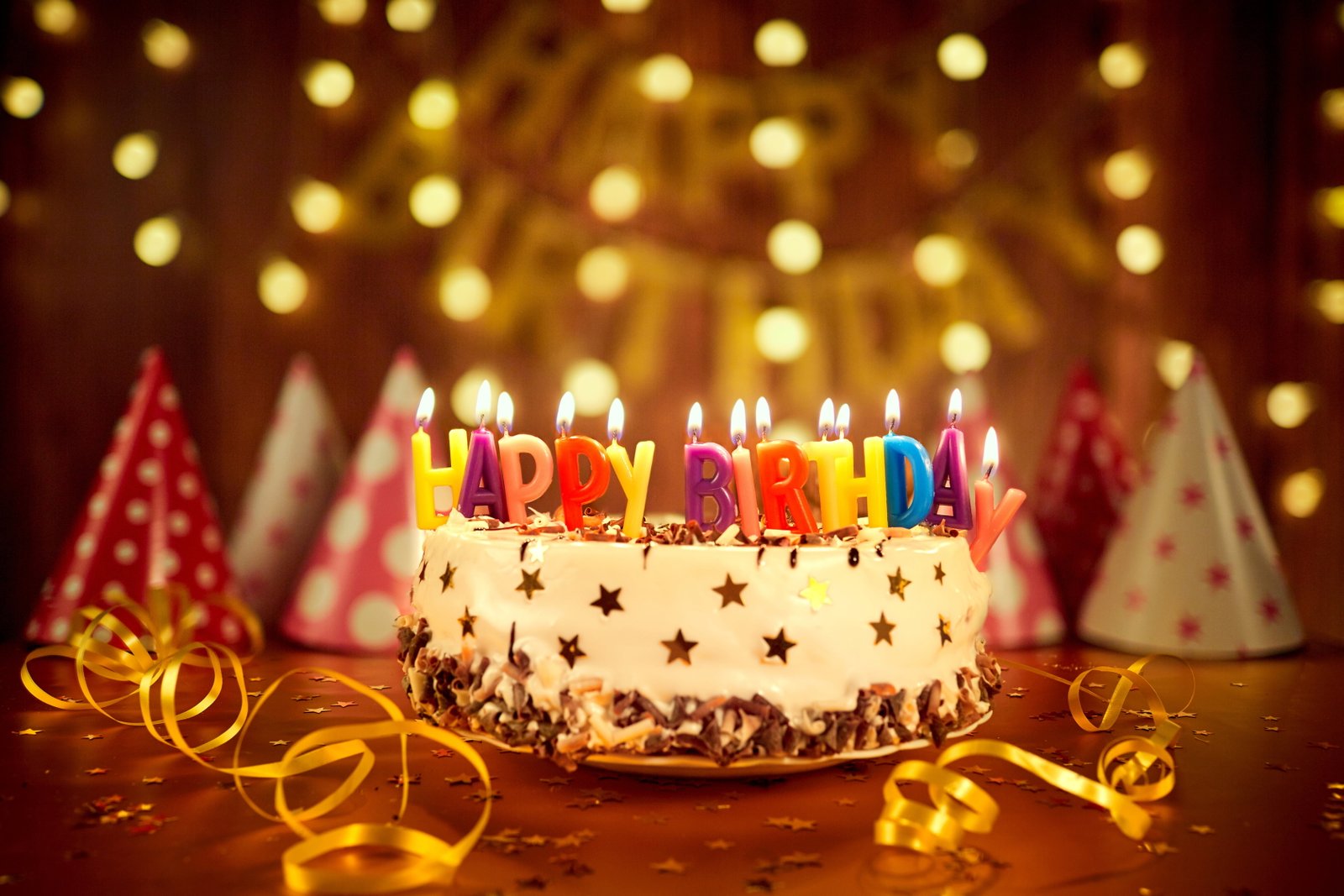 white and brown cake candles bokeh decoration Happy Birthday 2k 4k 5k