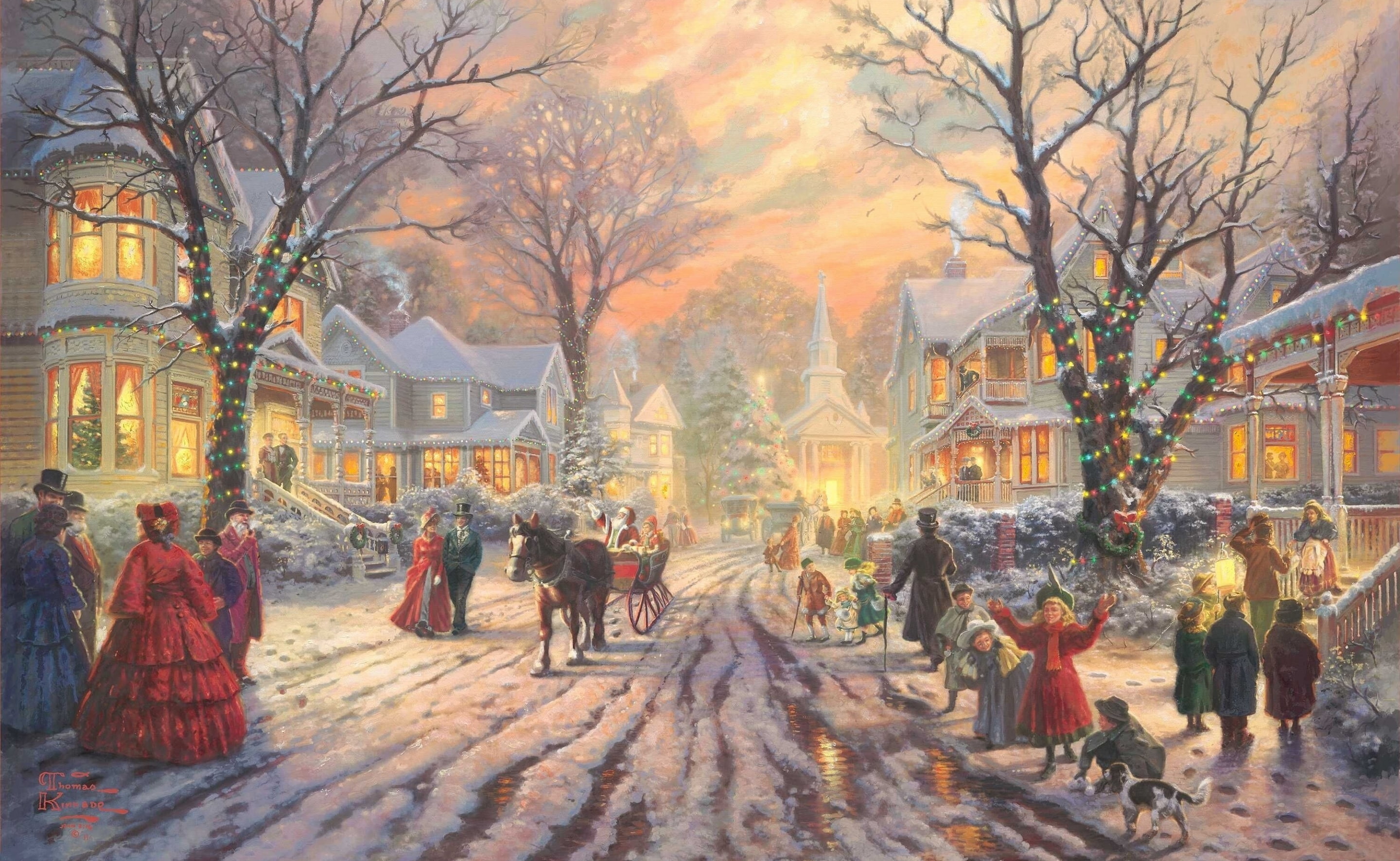 Victorian Christmas Carol by Thomas Kinkade people walking on snow covered road between houses painting 2k
