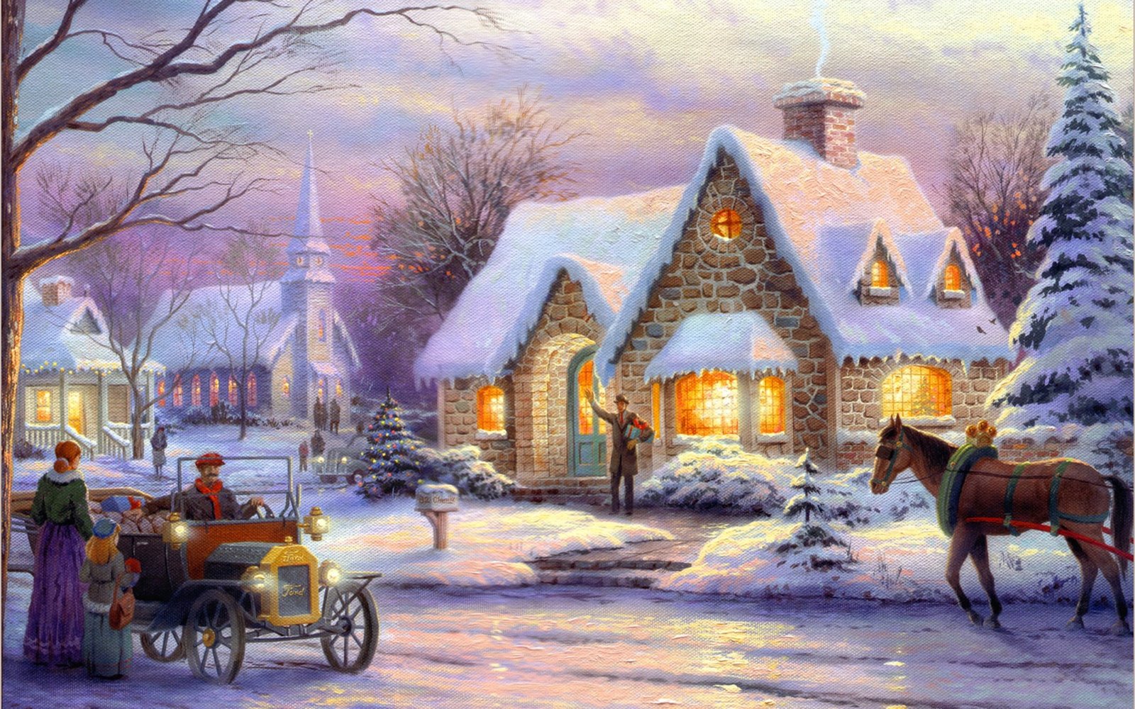 Christmas Village digital wallpaper winter machine retro people 2k