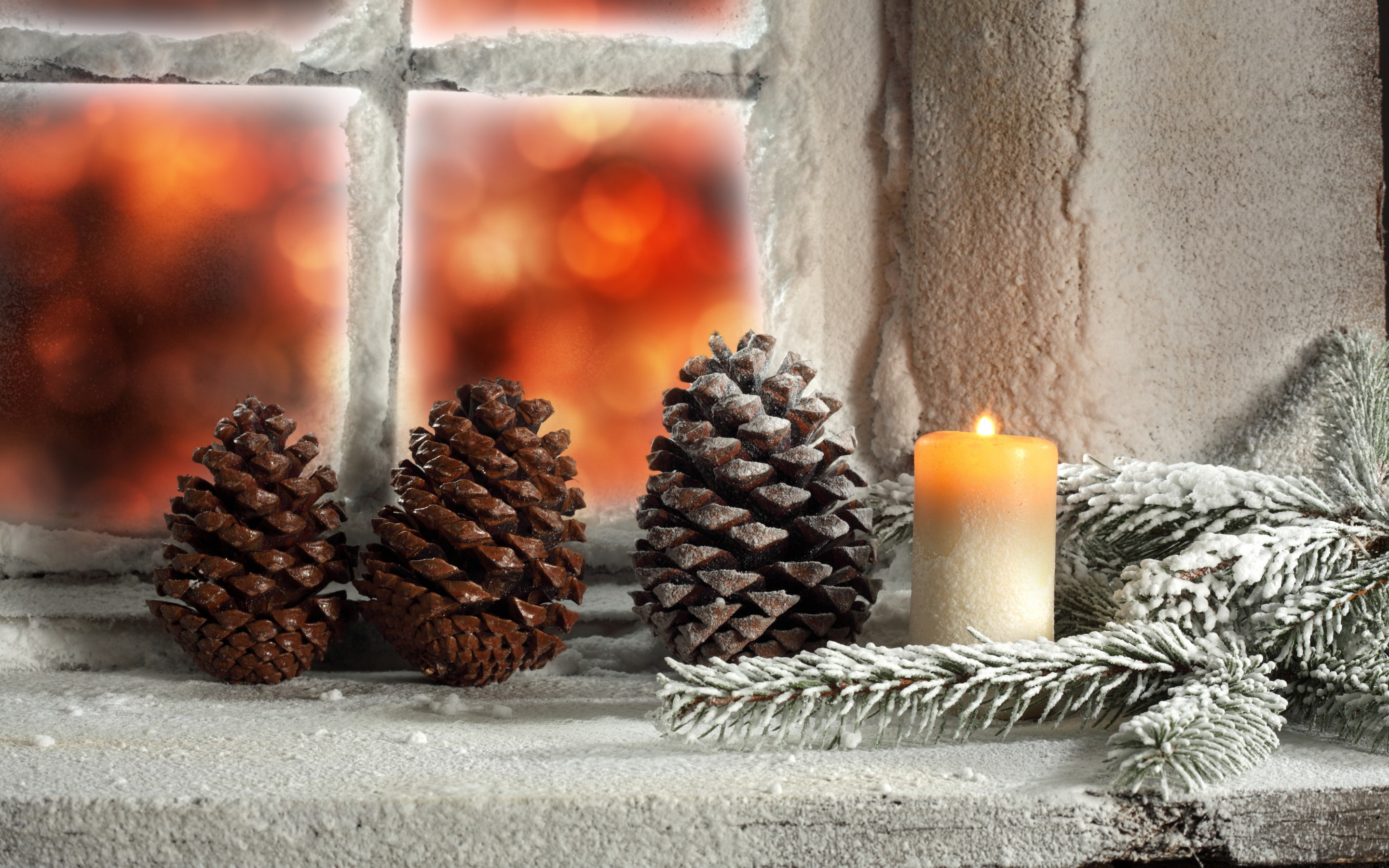 Holidays Christmas fir cone snow candle window light winter 2k