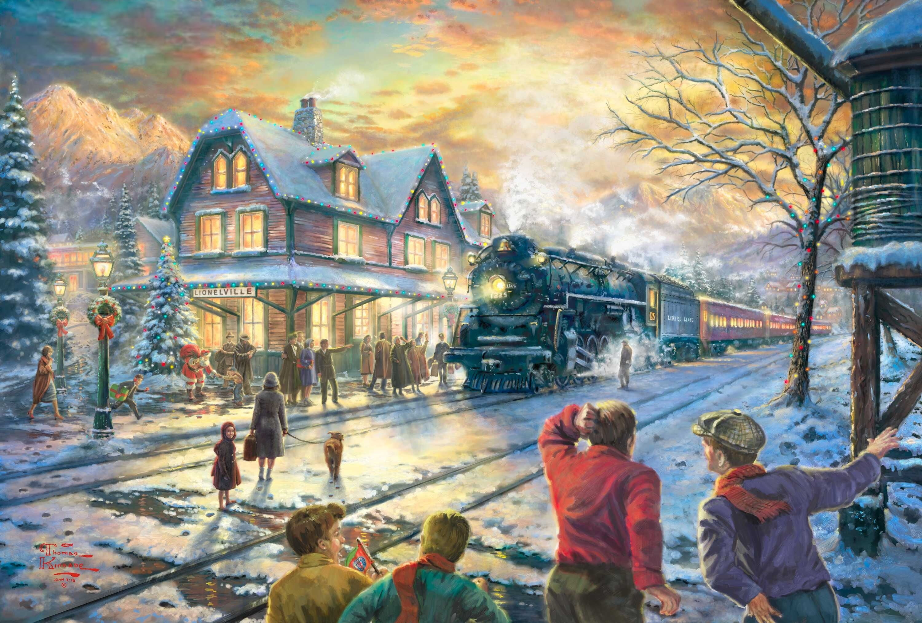 painting of people near train and brown house during winter snow 2k