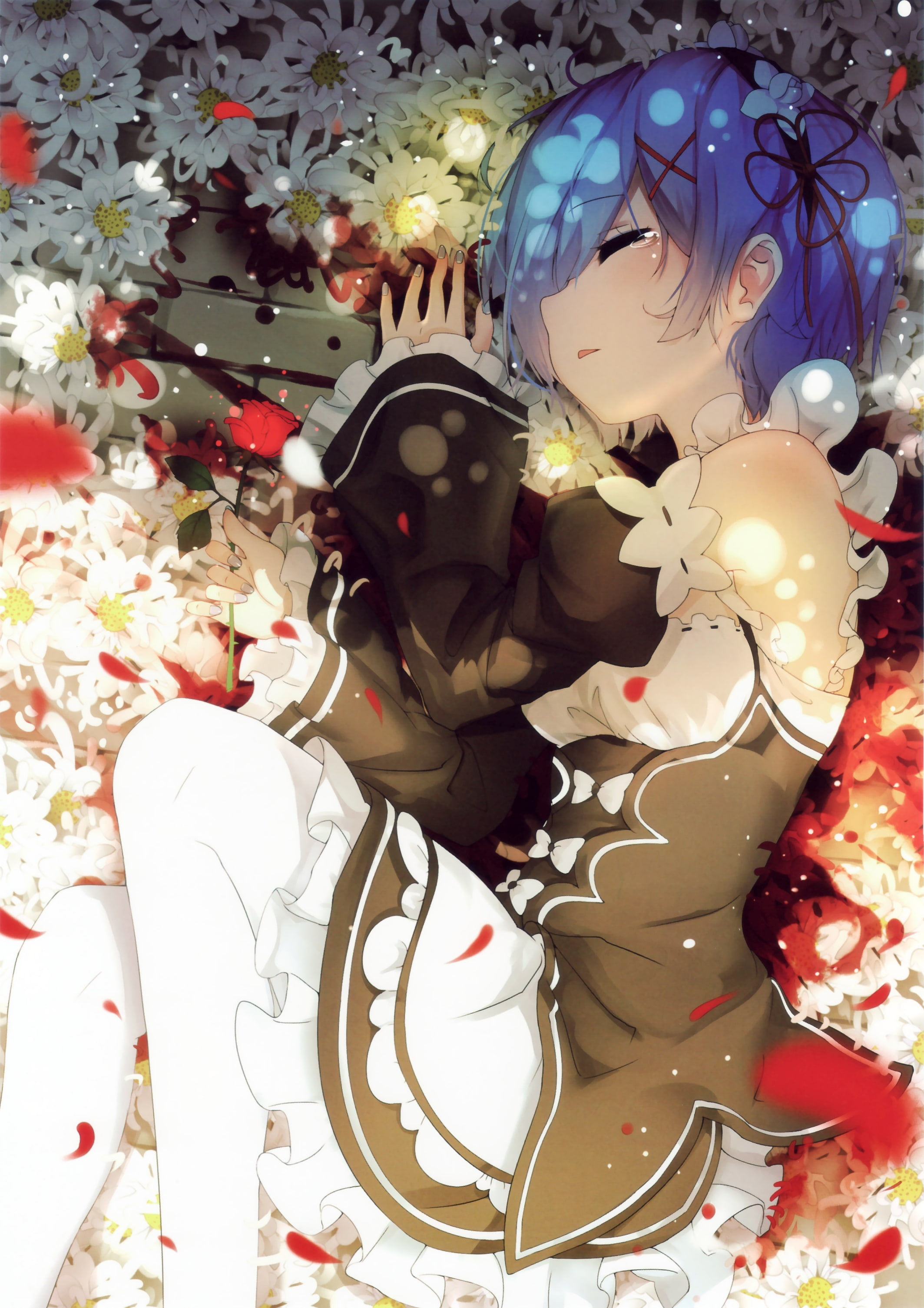 rem tears re zero lying down flowers aqua hair sleeping 2k