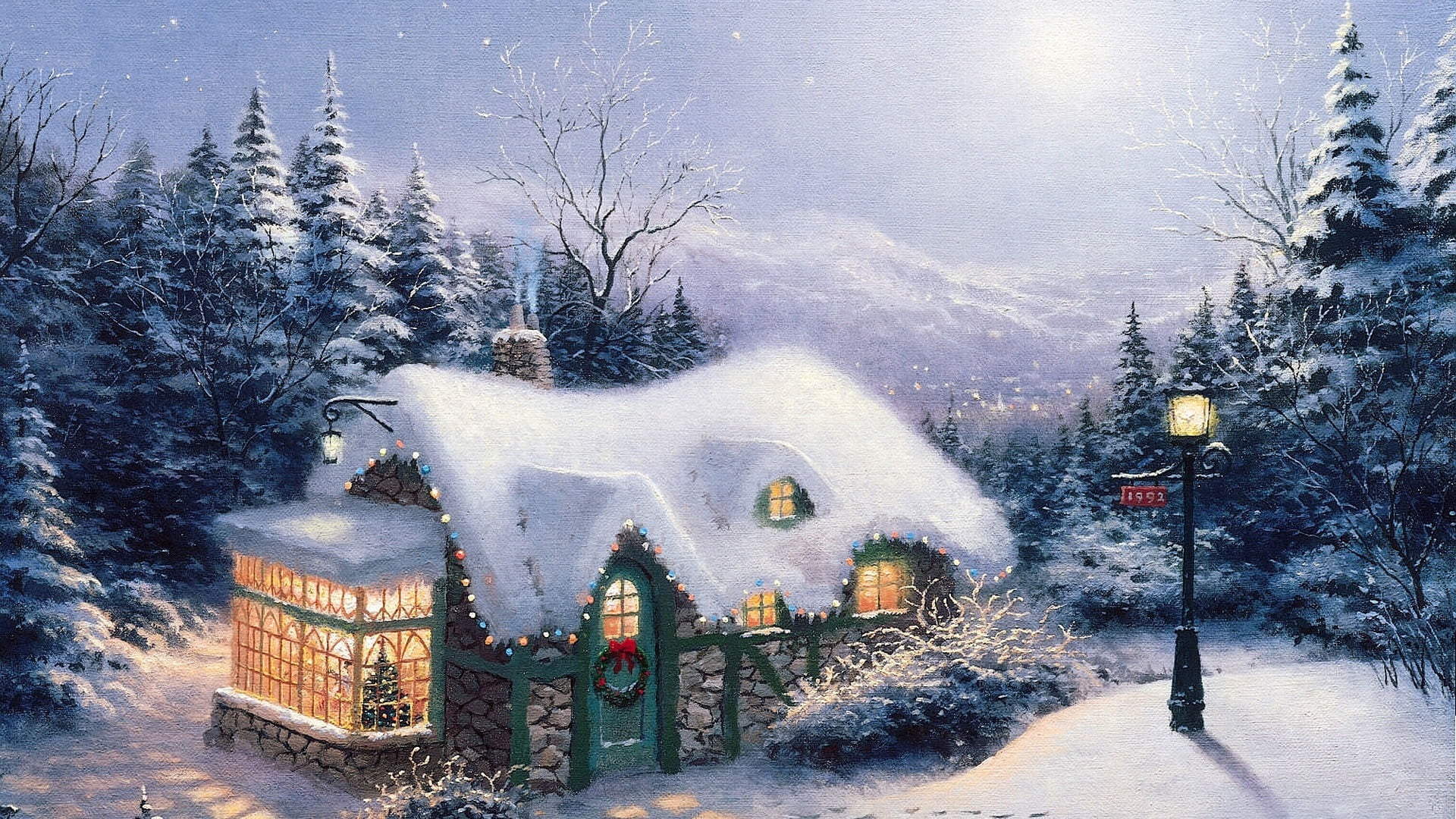 snow covered house illustration forest lights tree picture